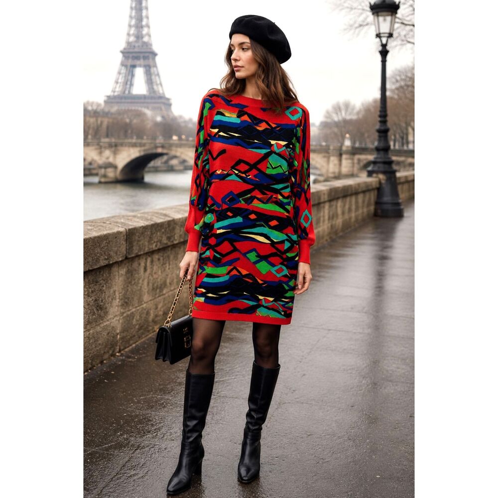 Leonald Paris 100% wool dress VTG colorful art to wear fall winter fest women S